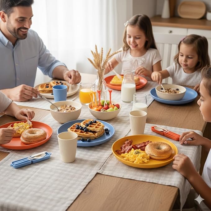 Wheat Straw Dinnerware Sets for 4, Unbreakable Dish Sets Wheat Straw Plates, Bowls, Cups Sets with Utensils, Camping Plates Set with Cups & Bowls, BPA-Free Microwave & Dishwasher Safe Dishware