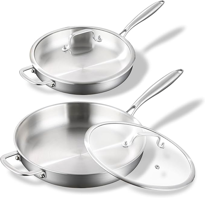 DELARLO Tri-ply Stainless Steel Kitchen Cookware Frying Pan Set with Lid 12" 14" Induction large Skillets Chef's Pan,Pots and Pans Set Kitchen Cookware Set Suitable for All Stove