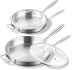 DELARLO Tri-ply Stainless Steel Kitchen Cookware Frying Pan Set with Lid 12" 14" Induction large Skillets Chef's Pan,Pots and Pans Set Kitchen Cookware Set Suitable for All Stove