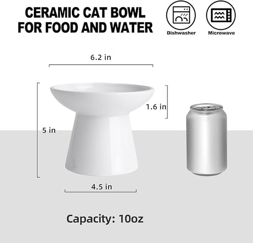6.2 Inch Extra Wide Elevated Ceramic Cat Bowls, Food and Water Bowl Set for Elder Big Cats Small Dogs, Raised Design for Pet Easy Eating, Protect Cat's Spine Set of 1（White-1pc）