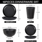 LIYH 16 Pcs Black Wheat Straw Dinnerware Set - Unbreakable Plates and Bowls Sets, Dish Sets for 4, Black Plastic Dinnerware Set Include Wheat Straw Dinner Plates Bowls Cups Kitchen & Camping