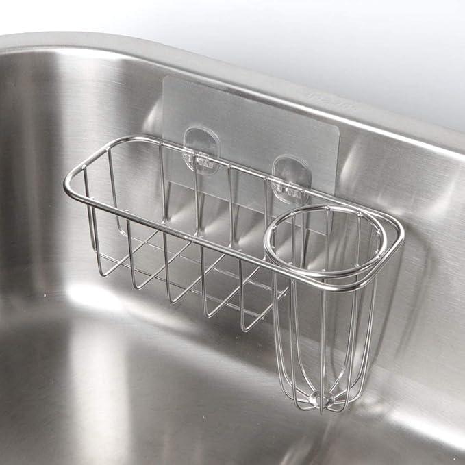 HULISEN 3-in-1 Sponge Holder for Kitchen Sink with Dish Brush Holder, Stainless Steel Caddy for Soap, Scrubber, No Drill and Rustproof, Silver