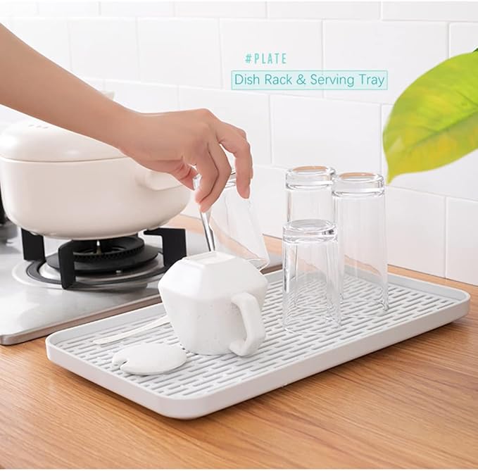 2Packs Serving Tray & Dish Rack & Flat Drain Board, Multi-Use Tray for Serving, Fruit Drain, Cup Drain, Vegetable Drain, White & Grey, Perfect for Coffee, Kitchen, (6.69W x 12.2L)