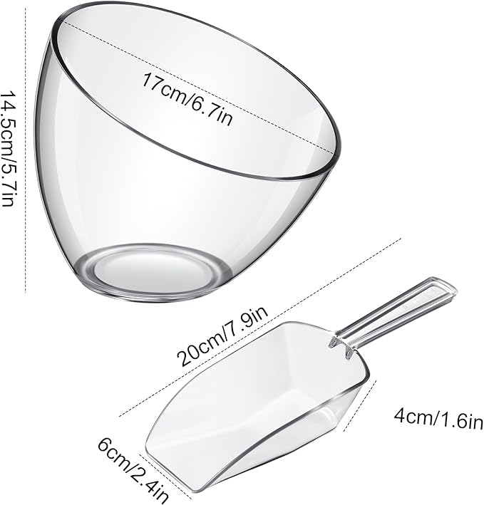 Hoolerry 12 Pcs Serving Bowls Kit Include Clear Plastic Bowls for Parties and Popcorn Measuring Scoops Acrylic Plastic Kitchen Angled Candy Scoops for Office Canister Salad Cooking (35 oz)