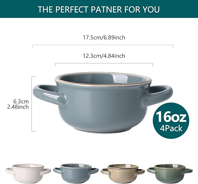MONITO Ceramic Salad Bowl with Handles, 16 oz French Onion Soup Bowls, Ceramic Soup Bowls for Cereal, Pasta, Chilli, Beef Stew, Stackable Serving Bowl Set of 4 (16 OZ)