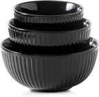 HASENSE Small Mixing Bowls of 3, Porcelain Ribbed Black Bowls 1.5/1/0.5 Qt For Kitchen, Cooking, Baking and Serving Prep Bowls for Salad, Pasta, Modern Kitchen Dish Dishwasher & Microwave Safe