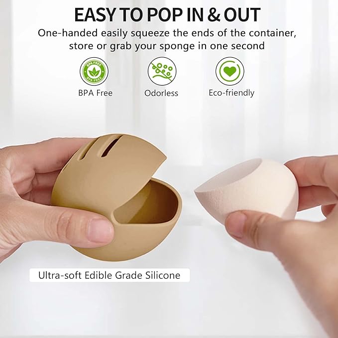 Fauxomor 2 Pcs Makeup Sponge Holder,Double-Sided Breathable Silicone Beauty Make Up Blender Case for Travel or Daily,Shatterproof Make-up Travel Case Quick Drying Easy to Carry,Khaki+Pink