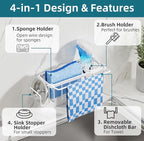 TAILI 4-in-1 Sink Caddy with Strong Suction Cup, Sponge Holder for Kitchen Sink Organizer, Removable, Rustproof, Stainless Steel Holder for Sponge, Brush, Scrubber, Scraper - White