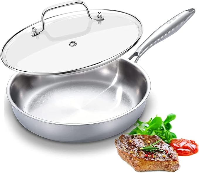 DELARLO Tri-Ply Stainless Steel Pan, 18/10 Frying Pan, Oven Safe Up to 600°F, Nontoxic Cookware, Compatible with All Cooktops Skillet, Durable, Fast Even Heat Fry Pan,12 inch Pan with Glass Lids