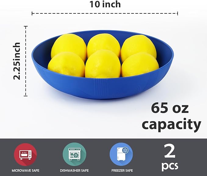 Wrova 65oz Wheat Straw Large Salad & Soup Bowls Set of 2, Unbreakable, Microwave & Dishwasher Safe, Plastic Bowls for Kitchen, Camping, School - Blue