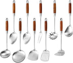 Stainless Steel Kitchen Utensils Set with Wood Handle, 18/10 Metal Cooking Utensils Set, 10 Piece - Spatula, Spoon, Ladle, Skimmer, Slotted Turners, Pasta,Turner, Ladl, Fork