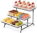 Farielyn-X 3 Tier Serving Tray, 12" White Plastic Tiered Food Serving Platters, Reusable Tray Stand Black Collapsible Metal Stand with Stable Cross Bars, Party Display Stands for Veggie Fruit, Dessert