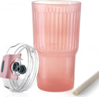 Iced Coffee Cups with Lids: Coffee Bar Accessories - Ribbed Glass Tumbler with Silicone Straw and Lid - 20oz Leak Proof Reusable Glass Cups and Tumblers with Lid and Silicone Straws(1Pcs-Pink)