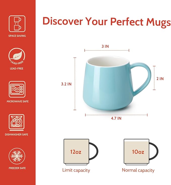 Sweese Porcelain Coffee Mugs Set of 6, 12 Ounce Coffee Cups with Handle for Coffee, Tea, Cocoa, Blue Assorted Colors Coffee Mugs with Modern Design for Great Gift Option, Microwave Safe