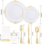 Nervure 350PCS Gold Plastic Dinnerware - White and Gold Disposable Plates for 50 Guests - 100 White Disposable Plates, 150 Plastic Silverware, 50 Cups, 50 Napkins for Wedding & Party