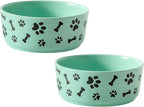UBEE Ceramic Dog Bowl Set of 2, 5.5 inch Dog Food Bowl Dish with Bone Paw Pattern, Pet Food Water Dish Feeding Plates for Small Dogs, Puppy and Cat, Green
