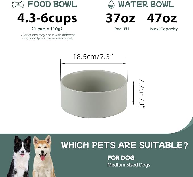 Havniva Ceramic Dog Bowl, Food and Water Bowl for Medium Breed Dog, Pet Bowl for Replacement (7.3 inch, Single Bowl, Grey)