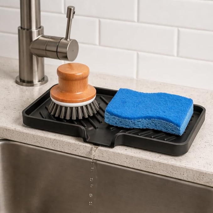 Happitasa Silicone Soap Dish Tray and Sponge Holder with Drain Chute and Feet | 3-Way Sloped Design | Bathroom and Kitchen Sink Organizer Caddy (Smoky Blue, 10"x4", 7.8 Ounces)