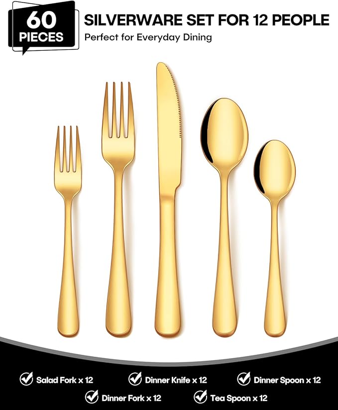 EUIRIO 60Pcs Gold Silverware Set, Stainless Steel Flatware Cutlery Set Service for 12, Mirror Polished Gold Utensils Set Include Forks Spoons Knives for Home, Wedding, Restaurant, Dishwasher Safe