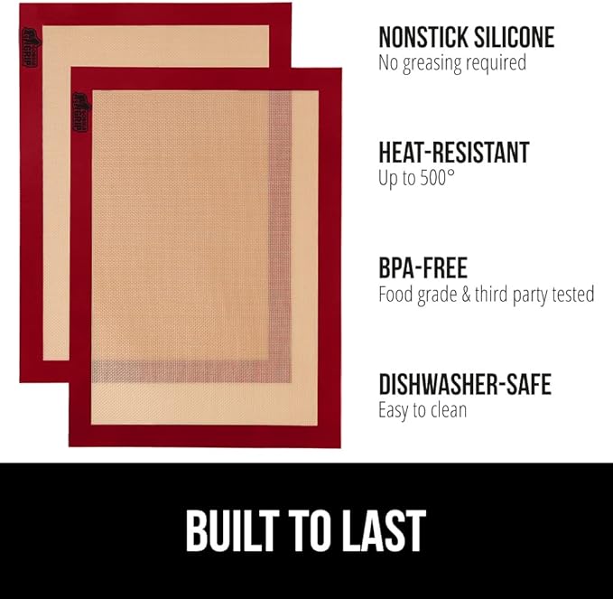 GORILLA GRIP Food Grade Reusable Nonstick Silicone Baking Mat, 16.5x11.87, Half Sheet 2PK, Oven Safe Cookie Sheet Liners, Up to 500 Degrees, No Mess Easy Clean Pastry Mats, Kitchen Essentials, Red