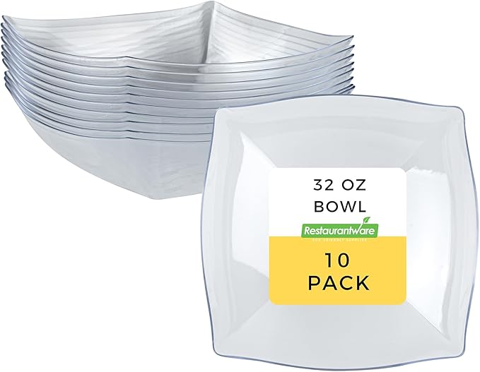 Restaurantware-Moderna 32 Ounce Fancy Plastic Bowls, 10 Square Disposable Salad Bowls - Durable, Heavy-duty, Clear Plastic Bowl, For Warm And Cold Foods