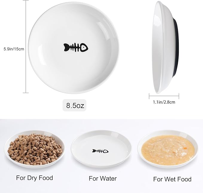WROSWT Cat Food Bowl,Healthy Ceramic Cat Bowls for Indoor Cats,Anti Whisker Fatigue Cats Dishes Set,Shallow Wide Kitten Plates for Food and Water,Non-Slip Silicone Bottom,3 Pack