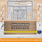 Silverware Drawer Organizer for Kitchen, Adjustable Utensil Drawer Organizer with 2 Knife Block, BPA Free Flatware and Cutlery Holder, Expandable Plastic Storage for Spoons Forks Knives(Grey)