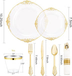 Nervure 175PCS Clear Gold Plastic Plates - Disposable Gold Party Plates & Pre Rolled Napkins with Cutlery for 25 Guests, 50Plates, 75Silverware, 25Cups, 25Napkin for Wedding & Party