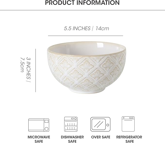 26 Oz Cereal Bowls Set of 4 - Ceramic Soup Bowl for Kitchen, Porcelain Embossed Serving Bowls for Salad, Pho, Breakfast, Ramen, Rice, 6 inch, Dishwasher Microwave Safe, Housewarming Decor