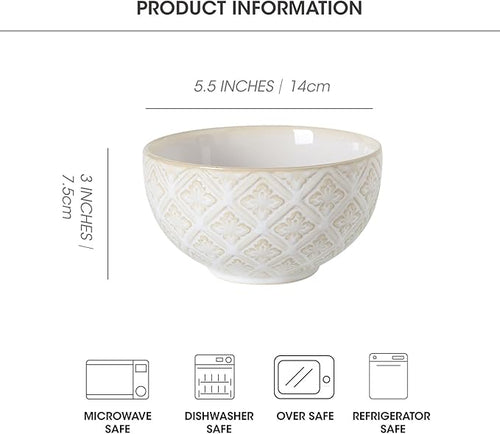 26 Oz Cereal Bowls Set of 4 - Ceramic Soup Bowl for Kitchen, Porcelain Embossed Serving Bowls for Salad, Pho, Breakfast, Ramen, Rice, 6 inch, Dishwasher Microwave Safe, Housewarming Decor