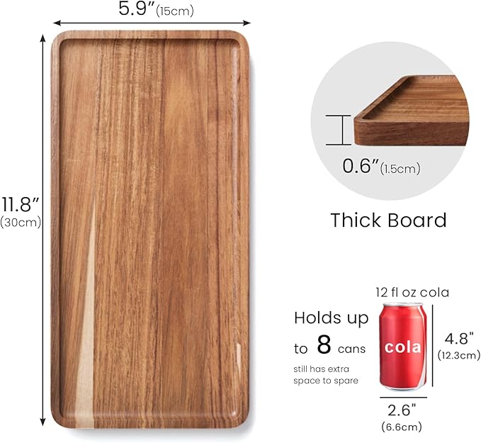 VERTORGAN 2 Pack Acacia Wood Serving Tray,11.8x5.9 Inch Decorative Trays Platter for Coffee Table,Living Room,Bar,Party,Mini Charcuterie Boards Cheese Board,Home Decor