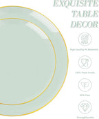 bUCLA 150PCS Green Plastic Plates - Sage Green with Gold Rim Disposable - Include 25 (Dinner & Dessert) Plates, 25 Knives, 25 Forks, 25 Spoons and 25 Cups for Party, Birthday & Spring