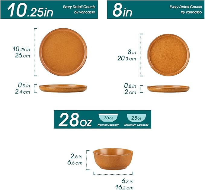 vancasso ZERMATT Dinnerware Set for 8, 24 Pieces Plates and Bowls Sets for Kitchen, Stoneware Dish Set with Scratch Resistant, Dishwasher & Microwave Safe, Yellow