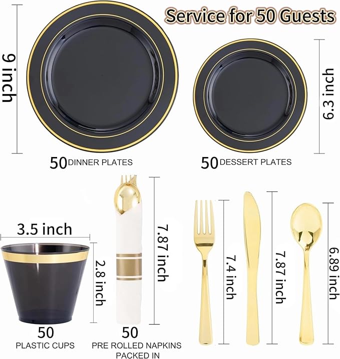350 Pieces Black and Gold Plastic Plates with Disposable Silverware, Include 50 Dinner Plates 9”, 50 Dessert Plates 6.3”, 50 Black Cups 9 OZ, 50 Pre Rolled Napkins for Wedding Party Graduation