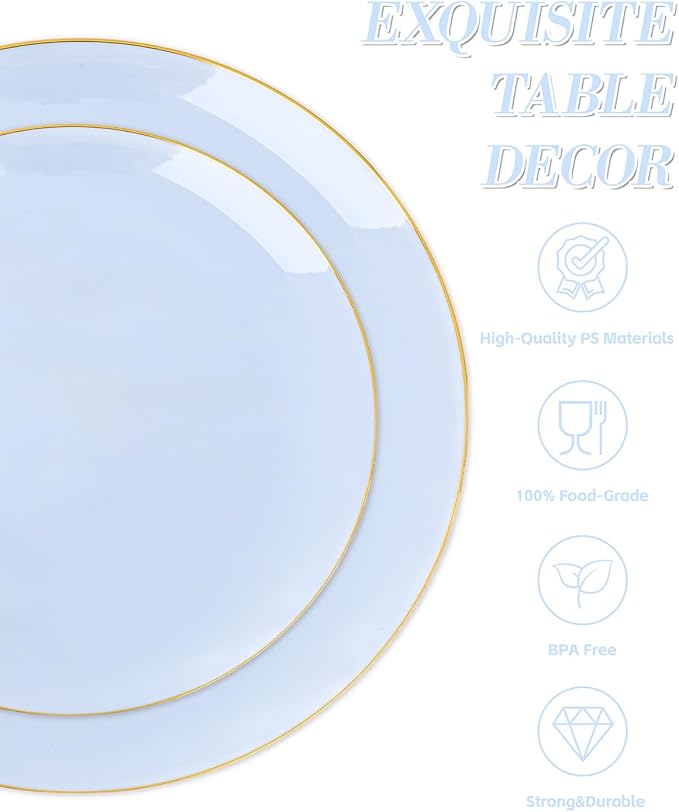 bUCLA 150PCS Blue Plastic Plates - Light Blue and Gold Disposable Include 25 Each (Dinner & Dessert) Plates, 25 Knives, 25 Forks, 25 Spoons and 25 Cups, Ideal for Party, Birthday & Wedding