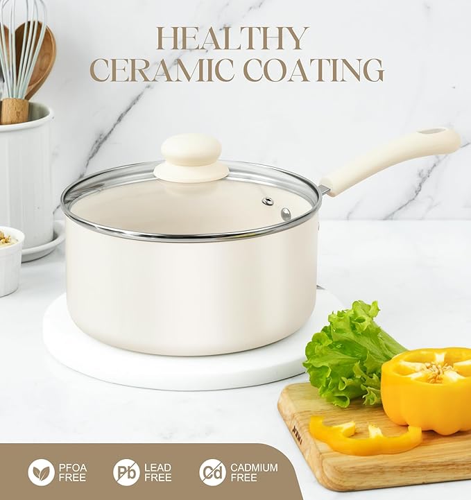 MICHELANGELO Nonstick Saucepan with Lid, Ceramic Sauce Pan Sets, Easy to Clean Sauce Pans, Multi-Purpose Cooking Pots, 3QT, White