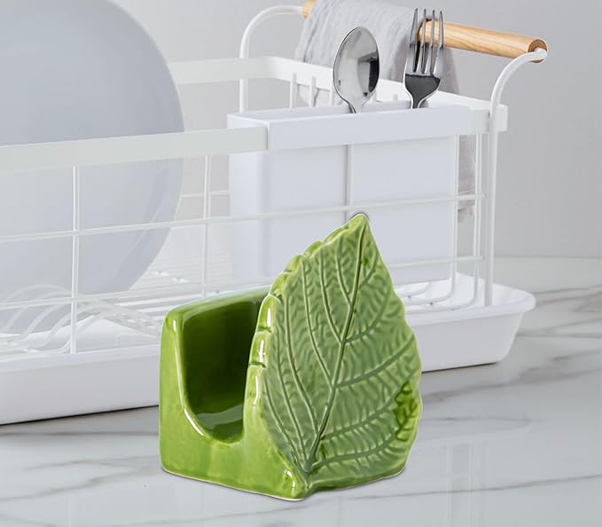 dgudgu Leaf Sponge Holder for Kitchen Sink – Teal Green Ceramic Sponge Caddy, Decorative Leaf Shaped Sink Organizer, Nature Inspired Kitchen Décor, Dishwasher Safe