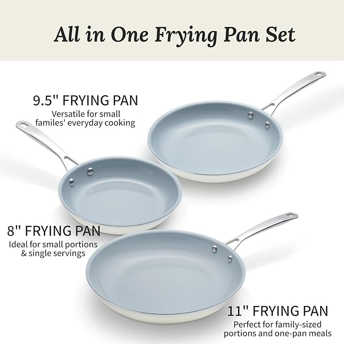Nonstick Ceramic Frying Pans 8" 9.5" 11" Ceramic Skillets Set with Stainless Steel Handle Omelet Pans Healthy Cooking Chef Pans, PFOA Free, Cream White