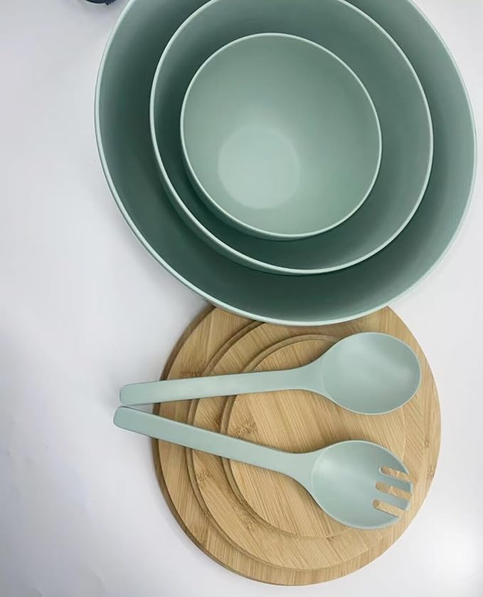 ECOWAY Salad Bowls Set of 3 with Lid & Serving Utensils, Bamboo Fiber Mixing Bowls Set Large Serving Bowls & Storage Set with Bamboo Lid for Salad, Kitchen Eating, Pasta, Popcorn, Chips, Fruit, Cyan