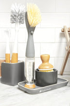 Full Circle Stash, Ceramic Kitchen Sink Caddy, Stylish Modular Sponge Holder & Dish Brush Organizer, Gray and White, 11"