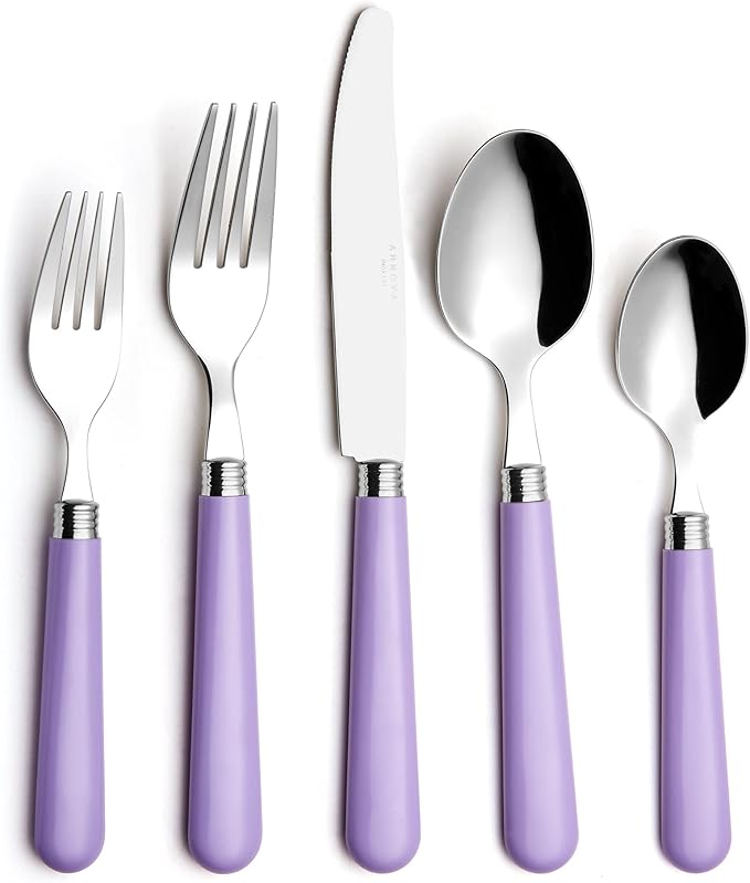 ANNOVA Stainless Steel Colorful Tableware Kitchen Flatware Set Utensils, Includes Dinner Knives, Forks, Spoons, Salad Forks & Dessert Spoons, Modern Rounded Shape (Lilac, 20 Pieces)