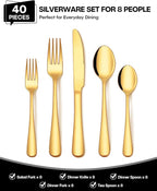 EUIRIO 40Pcs Gold Silverware Set, Stainless Steel Flatware Cutlery Set Service for 8, Mirror Polished Gold Utensils Set Include Forks Spoons Knives for Home, Wedding, Restaurant, Dishwasher Safe