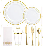FOCUSLINE 350 Ct Disposable Dinnerware Set for 50 Guests -Heavy Duty Plastic Plates with Gold Rim, Includes 50 Dinner & Salad Plates, Cups, Napkins, Cutlery Set