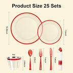 BESTSTAR 175PCS Clear and Red Disposable Plates Set for 25 Guests, 50 Plastic Plates, 25 Cups, 25 Pre-Rolled Napkins with Plastic Cutlery for Party, Birthday, Thanksgiving, Halloween, Christmas