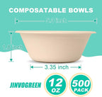 JINVOGREEN 500 Count 12 oz Paper Bowls, Disposable Compostable Bowls Bulk, Heavy Duty Biodegradable Bagasse Bowl for Snacks, Soup, and Salads, Natural