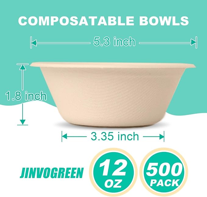 JINVOGREEN 500 Count 12 oz Paper Bowls, Disposable Compostable Bowls Bulk, Heavy Duty Biodegradable Bagasse Bowl for Snacks, Soup, and Salads, Natural