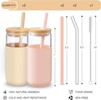 VITEVER 20 OZ Glass Cups with Bamboo Lids and Straws - Beer Can Drinking Glasses with Silicone Protective Sleeve Set, Iced Coffee Glasses, Cute Tumbler Cup for Water, Tea, Gift - Pink, Amber