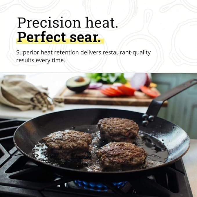 Lodge 12 Inch Carbon Steel Skillet - PFAS-Free Pre-Seasoned Carbon Steel Frying Pan for High-Heat Searing - Long Handle Design for Omelets, Grilling, and Campfire Cooking - Made in the USA
