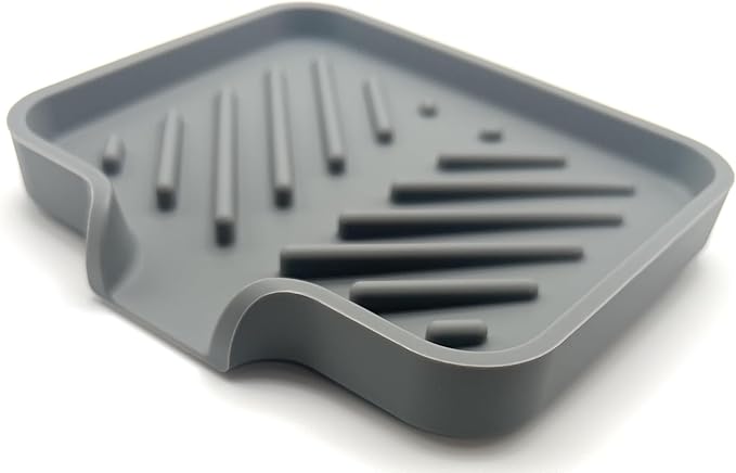 Happitasa Silicone Soap Dish Tray and Sponge Holder with Drain Chute and Feet | 3-Way Sloped Design | Bathroom and Kitchen Sink Organizer Caddy (Grey, 5"x4", 3.5 Ounces)