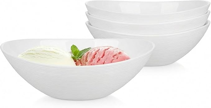 LaGlint 12 OZ Bowl Set of 6, Opal Glass 6 inch Oval Small Ice Cream Bowls for Breakfast Snack Dessert, Side Dishes, Fruit Kitchen, Microwave & Dishwasher Safe, White